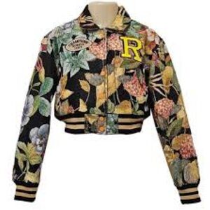 Red Fox 🦊 Cropped Bomber Jacket Women Cute Floral Long Sleeve Button Down